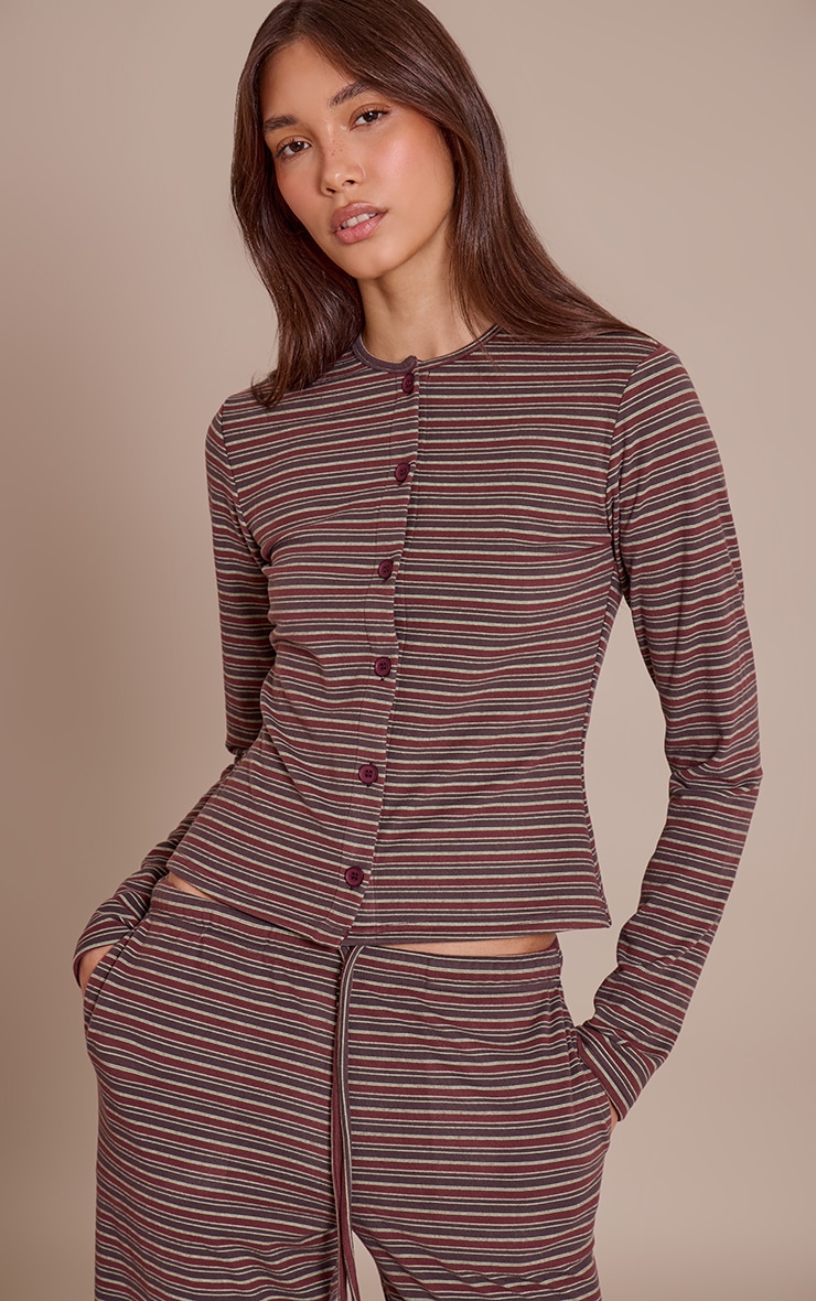 Burgundy Soft Fleece Pinstripe Button Up Top image 1