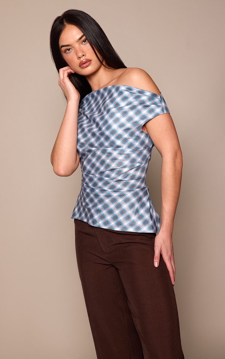 Blue Check Asymmetric Neck Drape Top  image 4