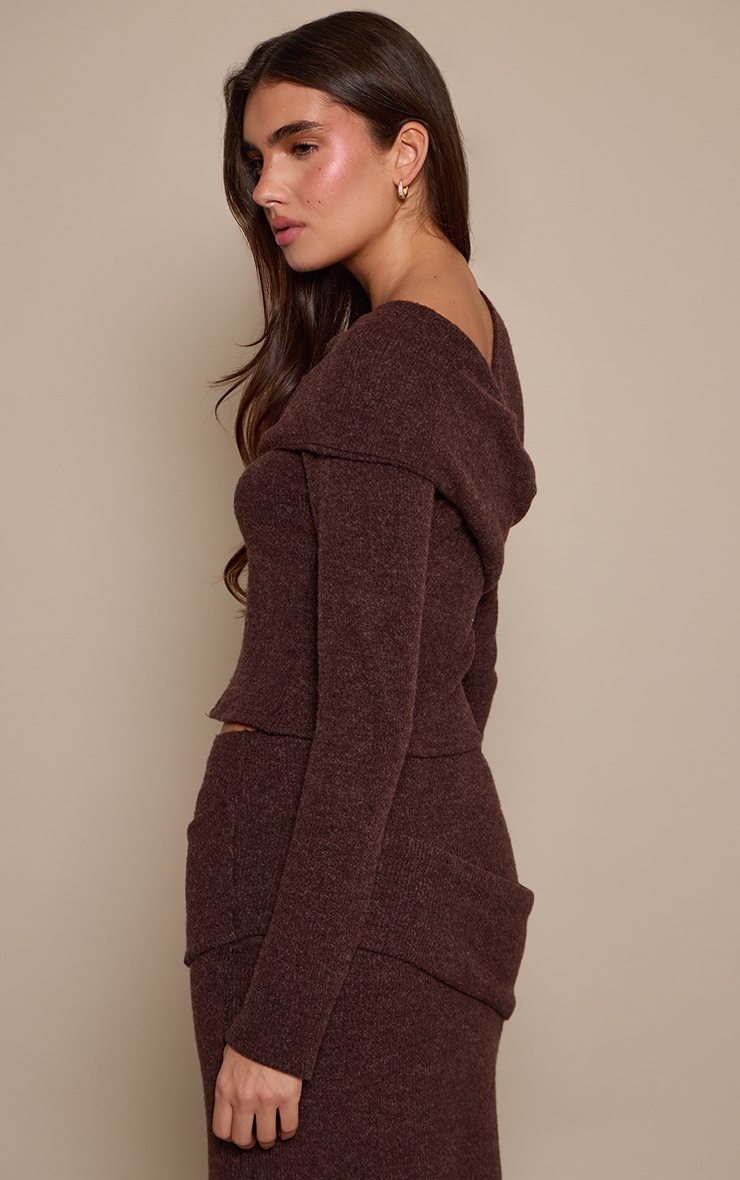 Brown Brushed Rib Asymmetric Long Sleeve Top image 2
