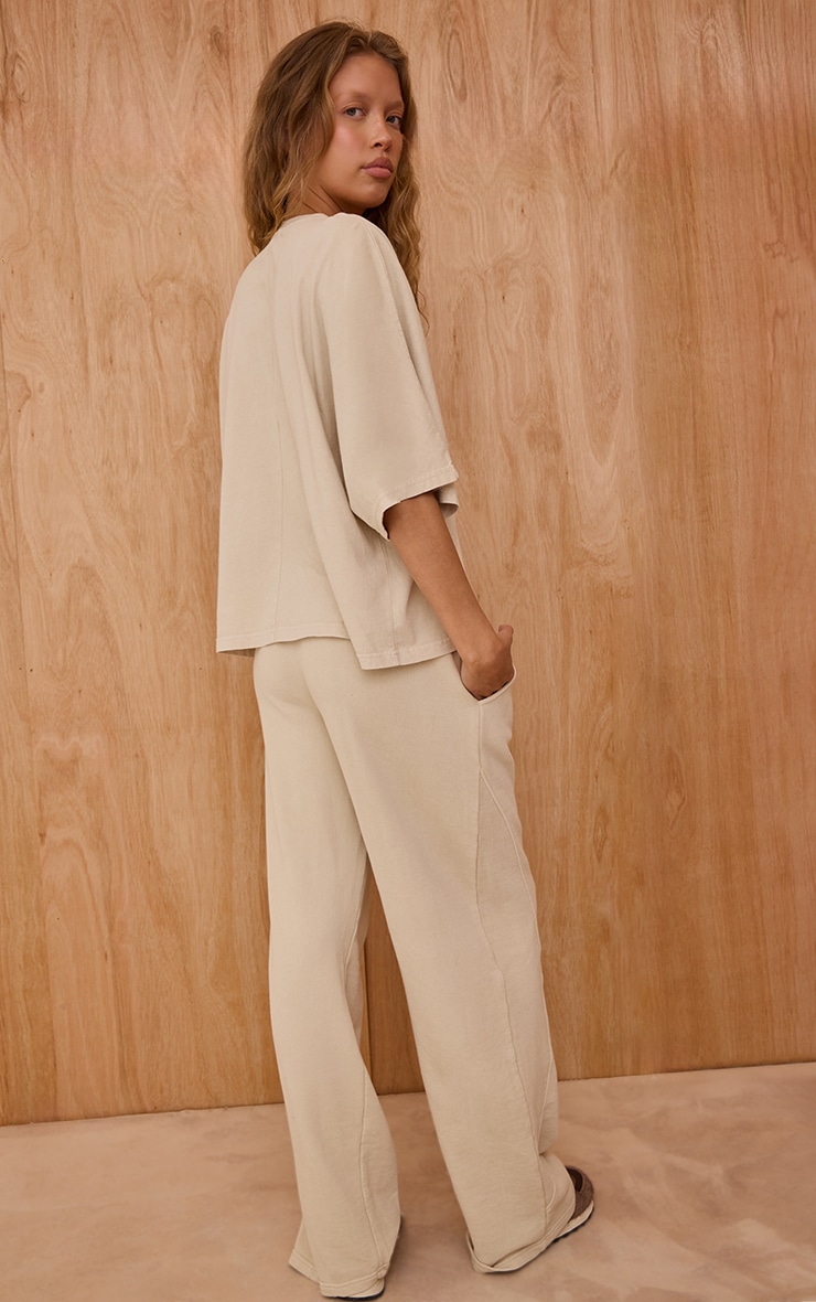 Oatmeal Acid Wash Rib Panel Straight Leg Sweatpants image 3