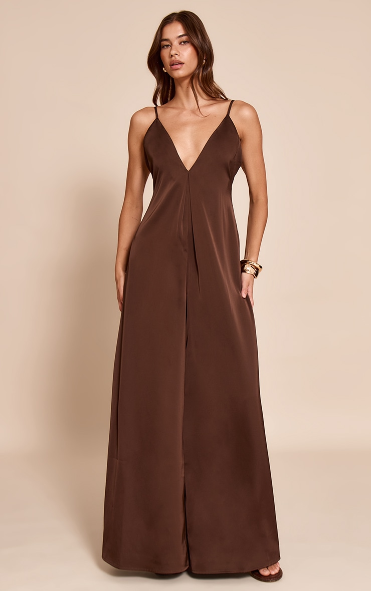 Chocolate Satin V Neck Wide Leg Jumpsuit image 1