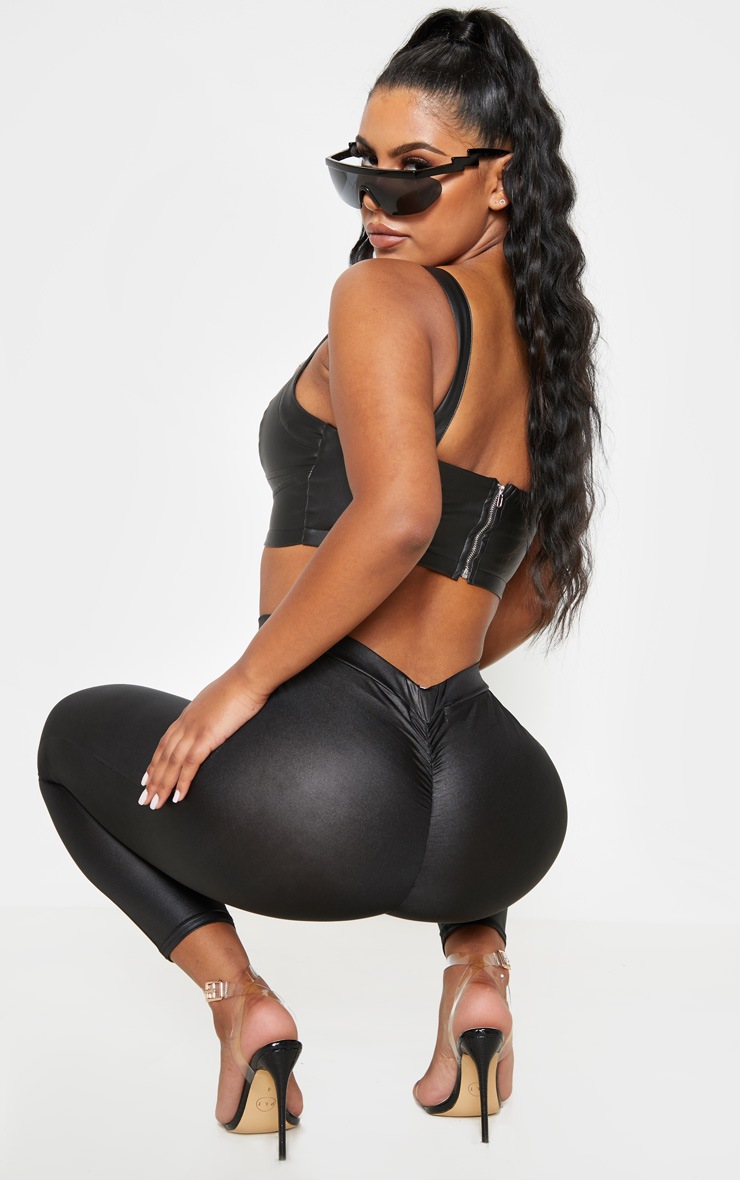 Black Ruched Bum Coated Leggings Trousers PrettyLittleThing