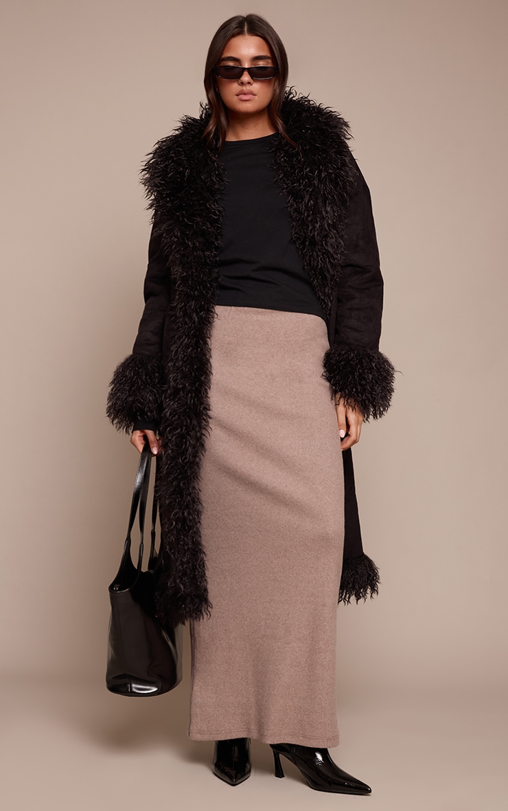 Mushroom Brushed Rib Low Rise Maxi Skirt