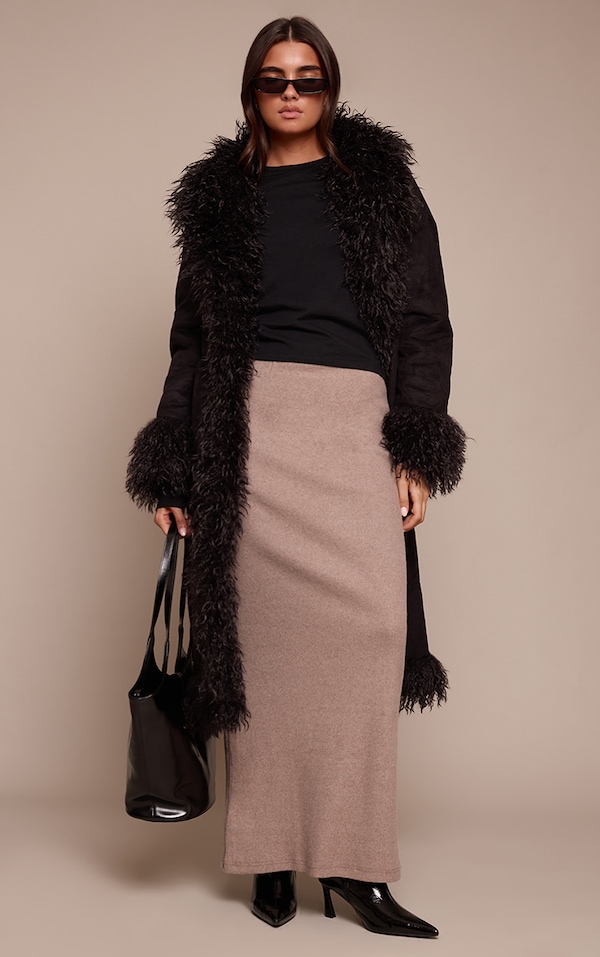 Jupe mi-longue taille basse côtelée brossée champignon