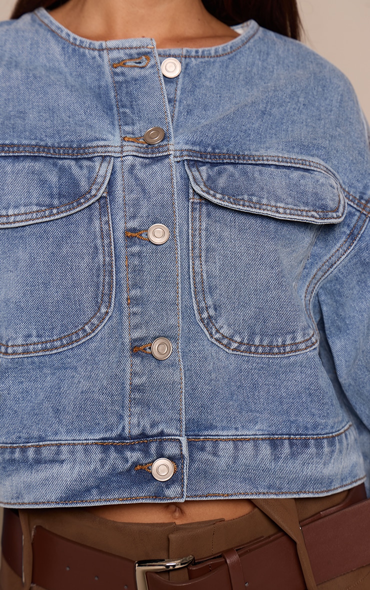  Mid Blue Wash Round Neck Crop Denim Jacket image 4