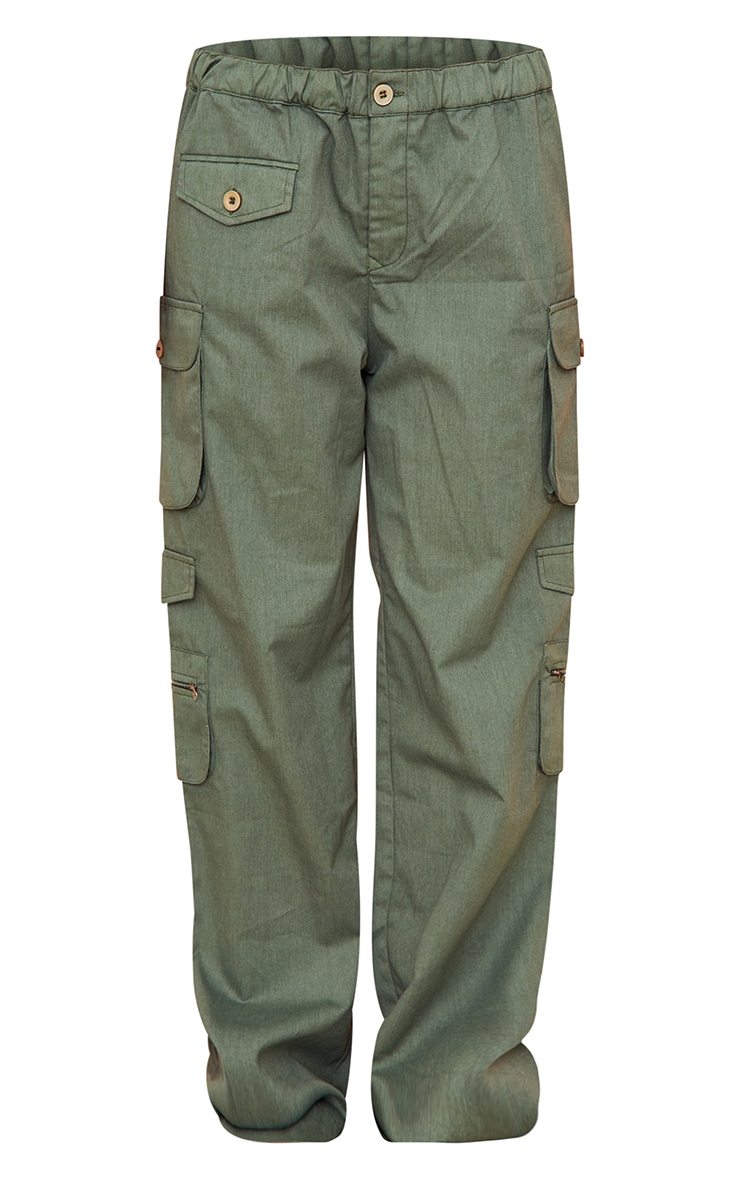 Pantalon droit cargo kaki à taille élastique et poches détail taille basse image 5