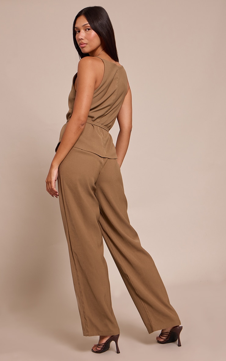 Light Taupe Woven Belt Tied Straight Leg Jumpsuit image 2