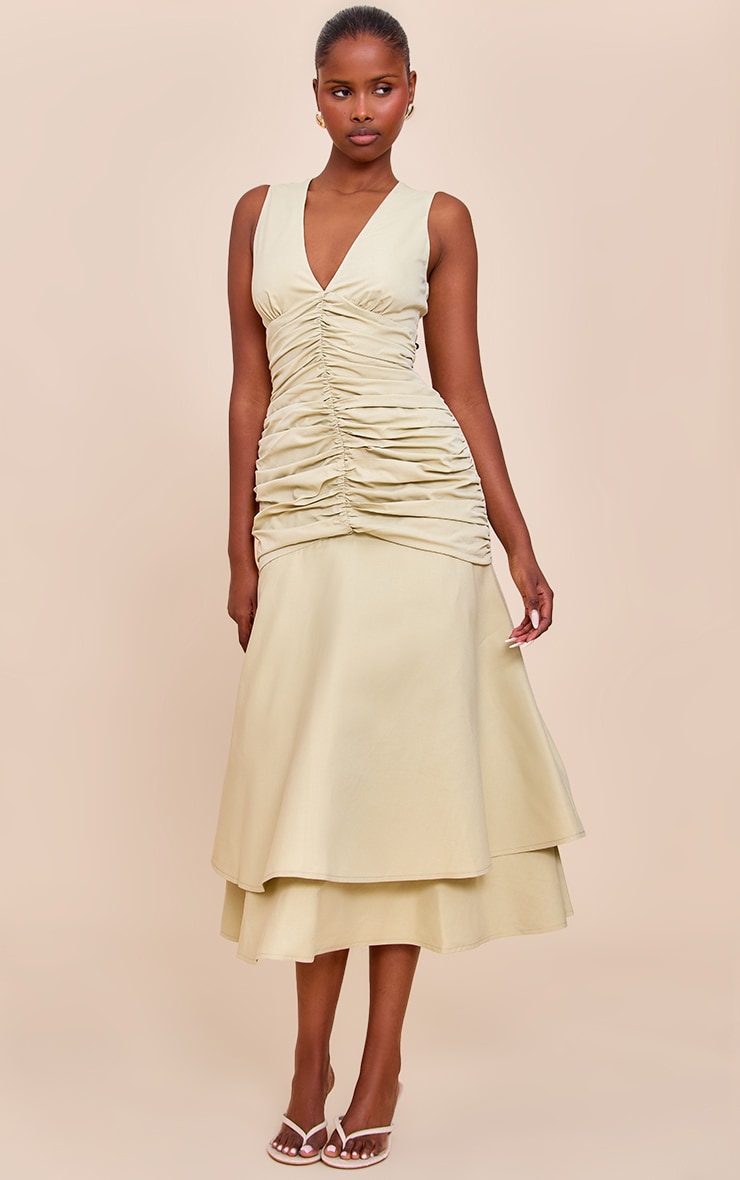 Sage Woven Ruched Dropped Waist Midaxi Dress image 1