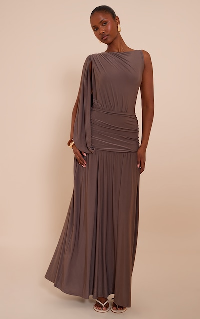 Robe longue moulante doublée gris champignon froncée à épaule unique