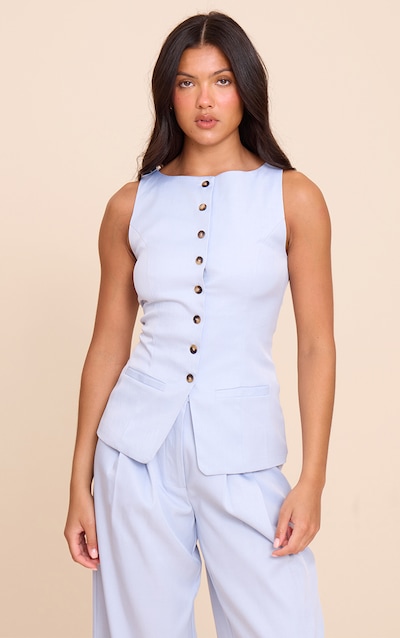 Gilet de tailleur tissé bleu poudré à col bateau