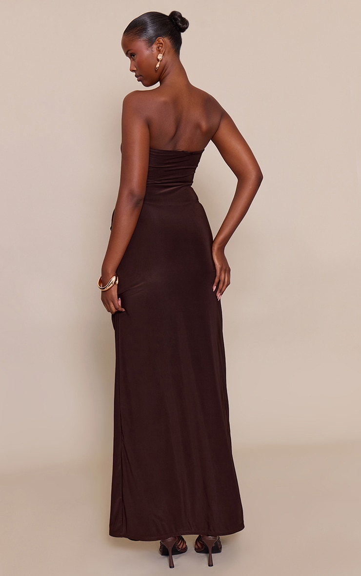 Chocolate Ruched Drape Detail Slinky Maxi Dress image 2