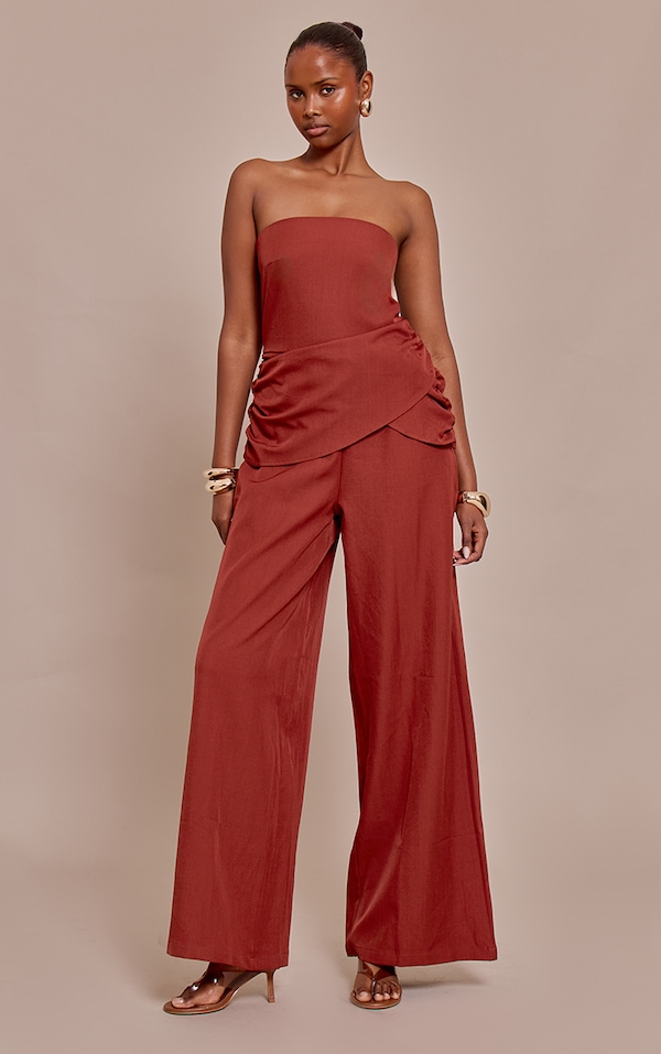 Burnt Orange Woven Bandeau Draped Wide Leg Jumpsuit
