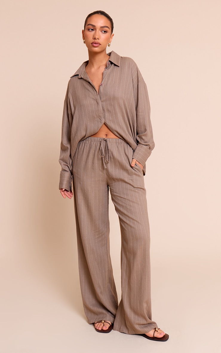 Taupe Pinstripe Oversized Long Sleeve Shirt image 3