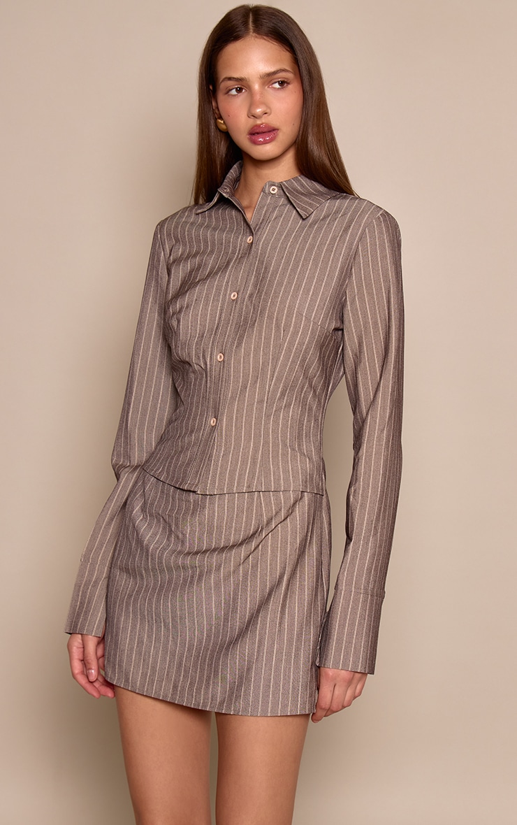 Taupe Pinstripe Long Sleeve Bodycon Dress