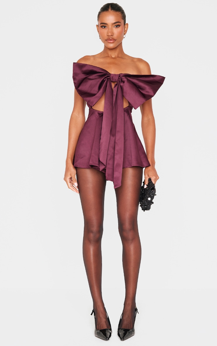Burgundy Satin Oversized Bow Bandeau Playsuit image 3