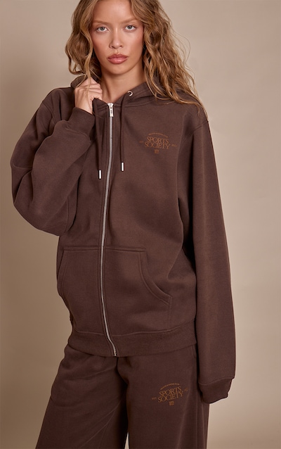 Hoodie chocolat imprimé "PLT Sports Society" à zip