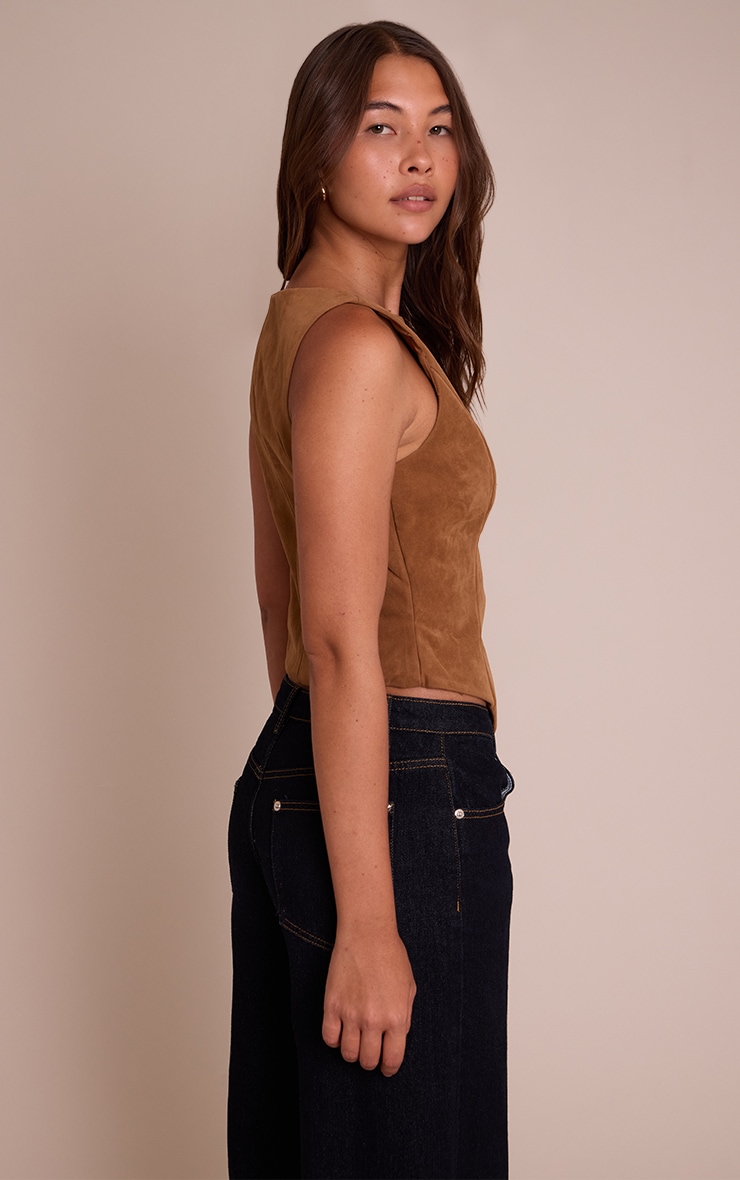 Tan Faux Suede Asymmetric Button Detail Waistcoat image 2