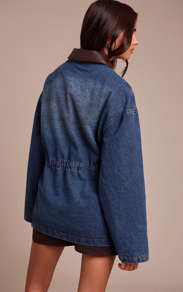 Dark Blue PU Contrast Collar Cinched Denim Jacket image 2
