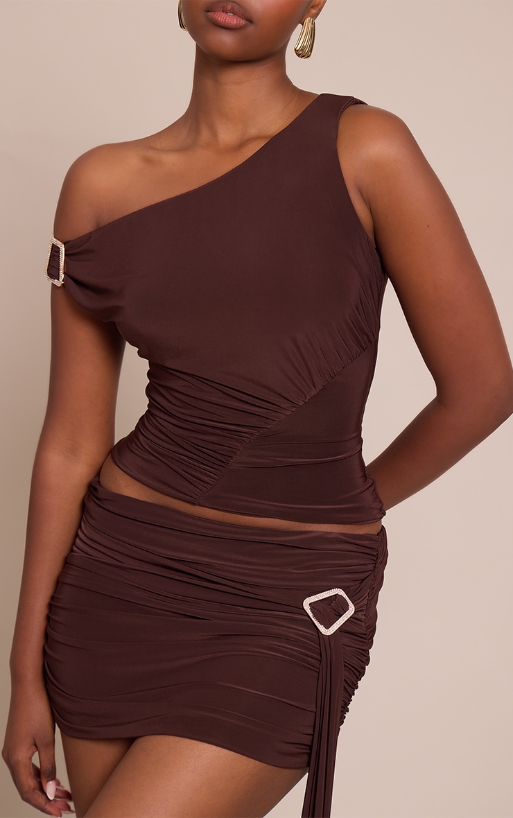 Dark Brown Double Layer Slinky Diamante Trim Drape Mini Skirt  image 5