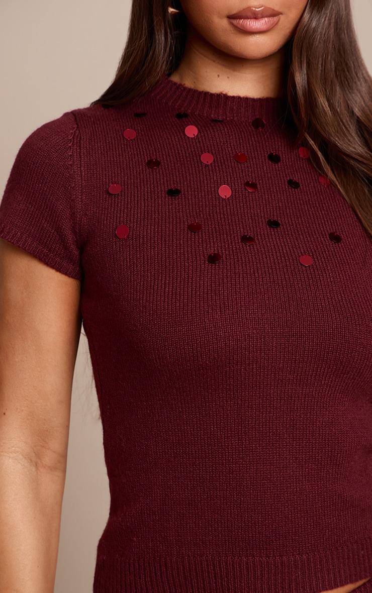 Burgundy Knitted Sequin Detail Cap Sleeve Top image 4