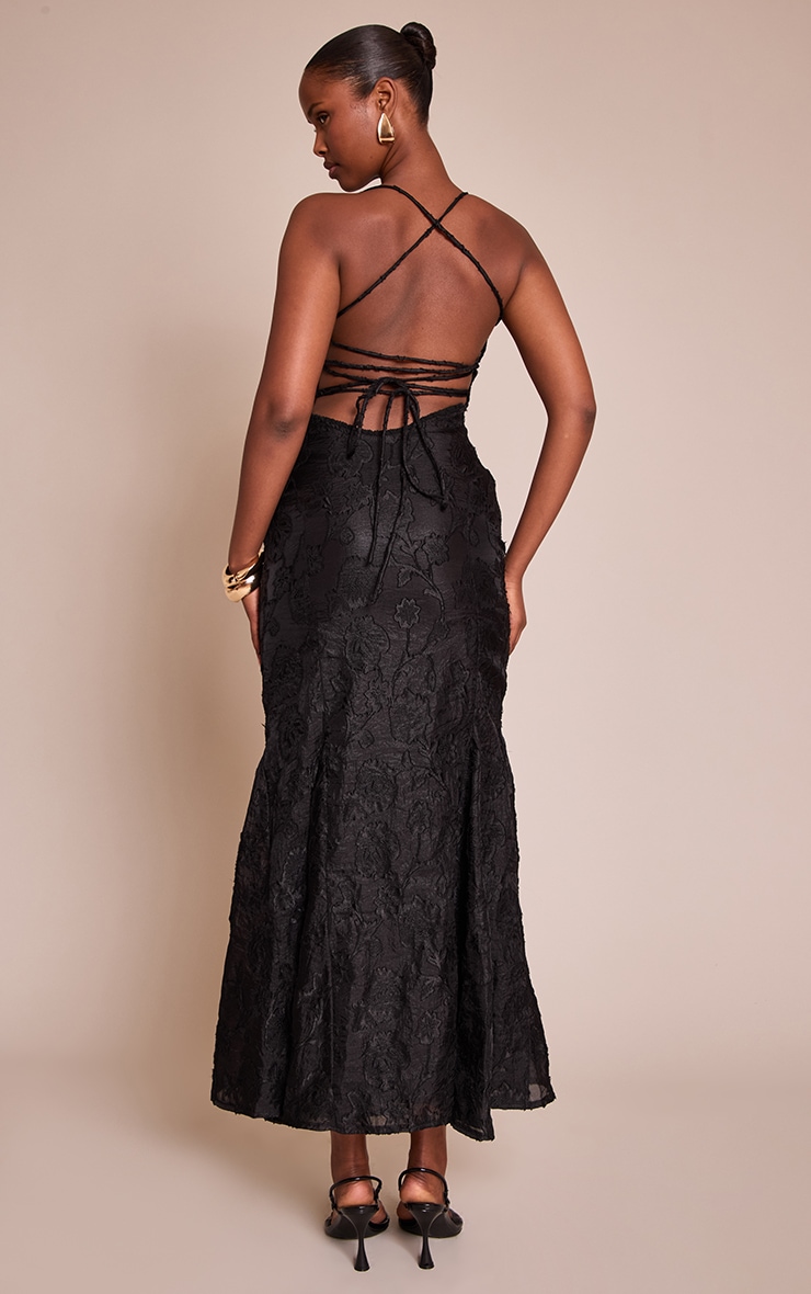 Black Textured Lace Up Back Maxi Dress image 2