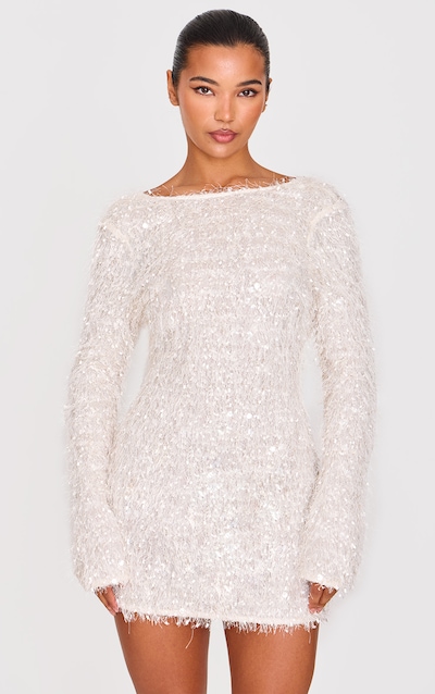 White Textured Eyelash Long Sleeve Cowl Back Bodycon Dress