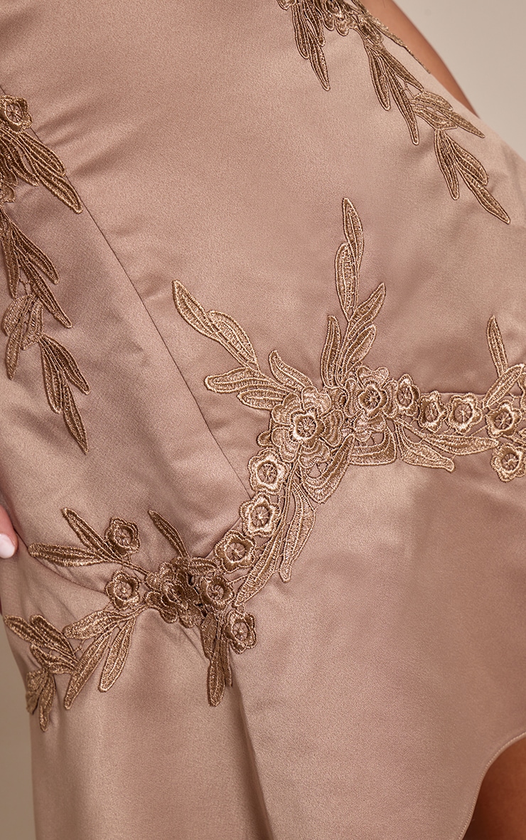 Light Brown Satin Embroired Mini Shift Dress image 4