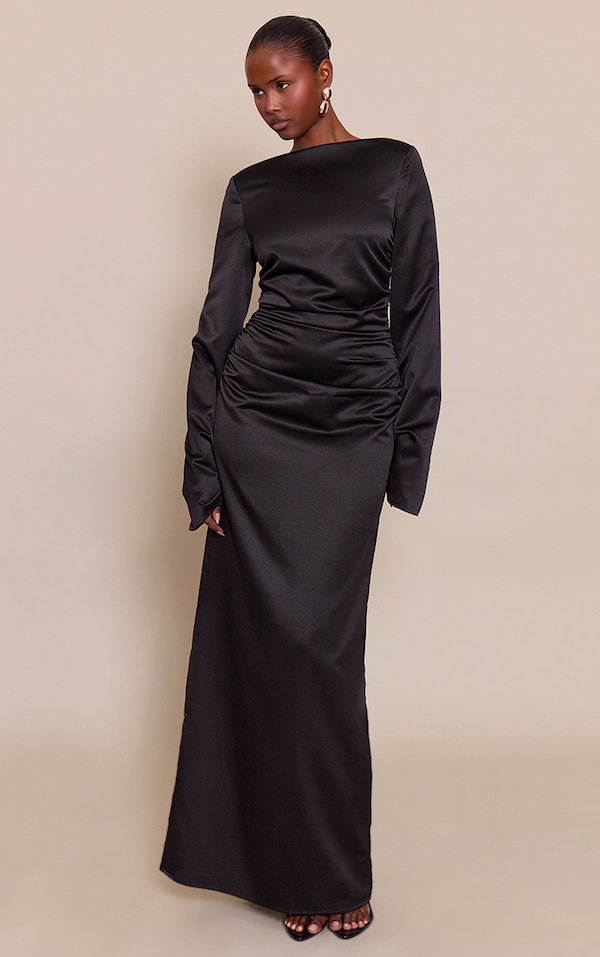 Black Satin High Neck Flared Sleeve Maxi Dress