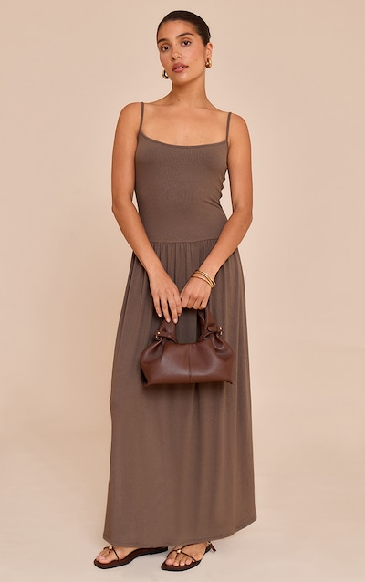Petite Taupe Strappy Ribbed Flowy Maxi Dress
