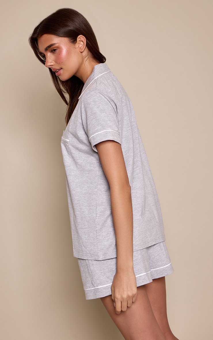Grey Marl Soft Jersey Piping Short Sleeve and Shorts PJ Set image 2