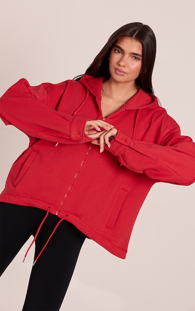 Red Oversized Zip Up Toggle Waist Hoodie