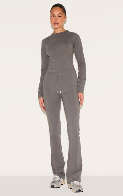 Pantalon skinny flare en coton gris anthracite à lisérés surjetés et taille mi-haute