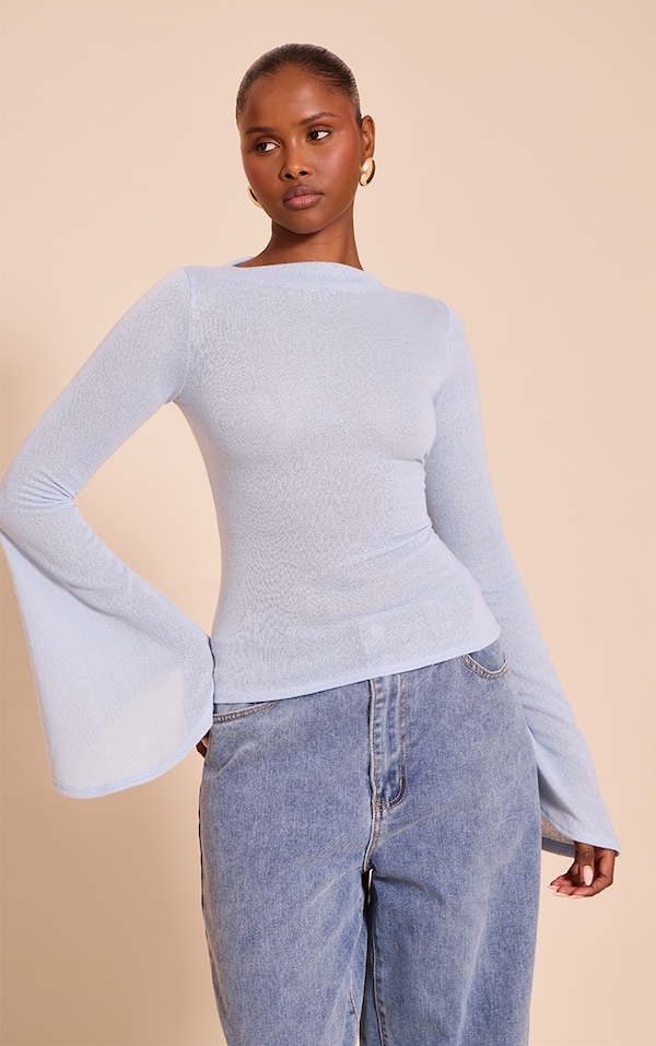 Sky Blue Textured Extreme Flute Sleeve Long Top