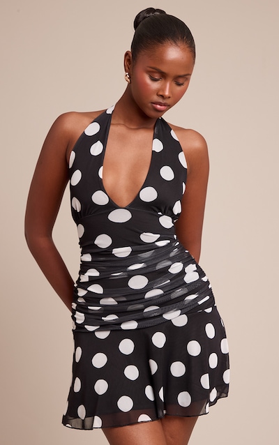 Black Contrast Polka Dot Halterneck Mini Dress