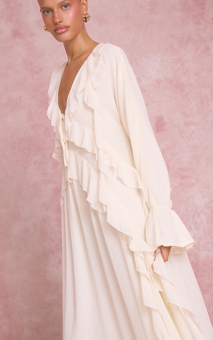 Cream Chiffon Plunge Extreme Frill Maxi Dress image 4