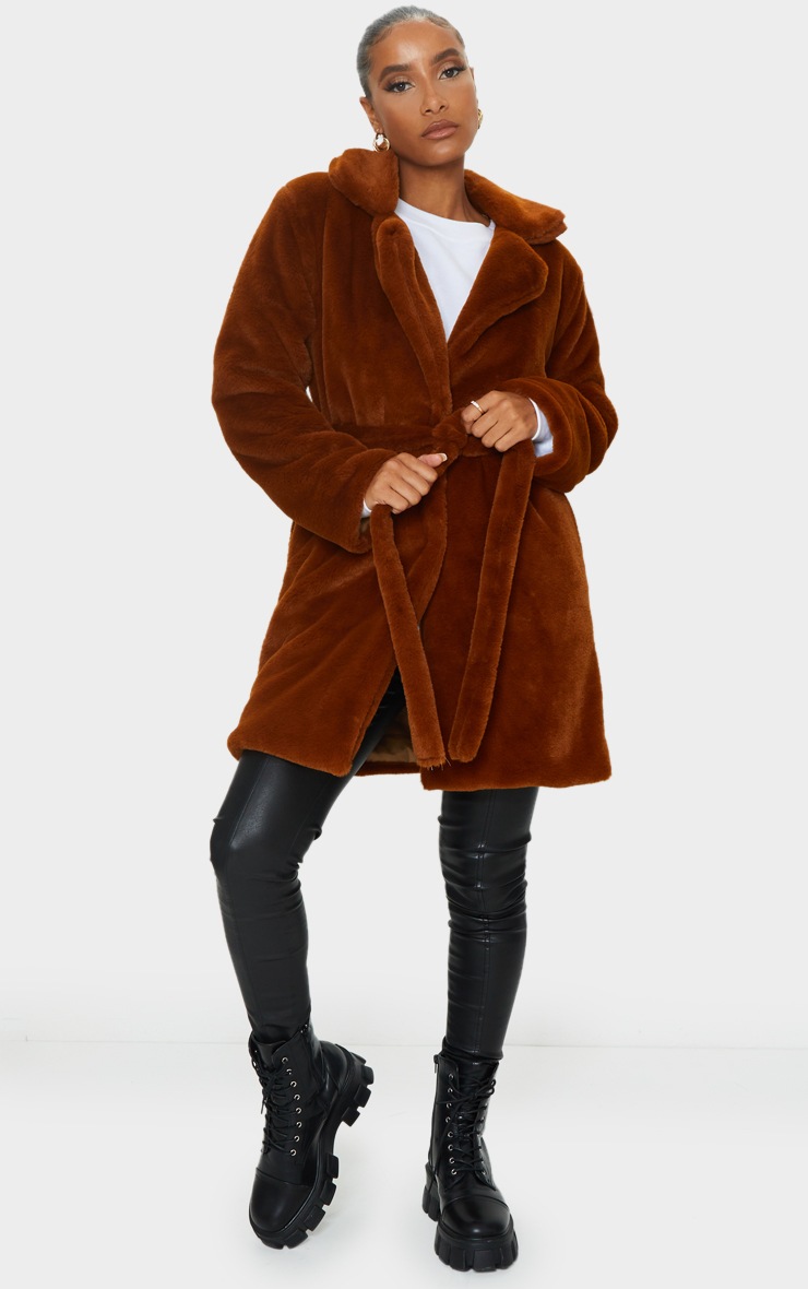 Tan Belted Soft Faux Fur Coat