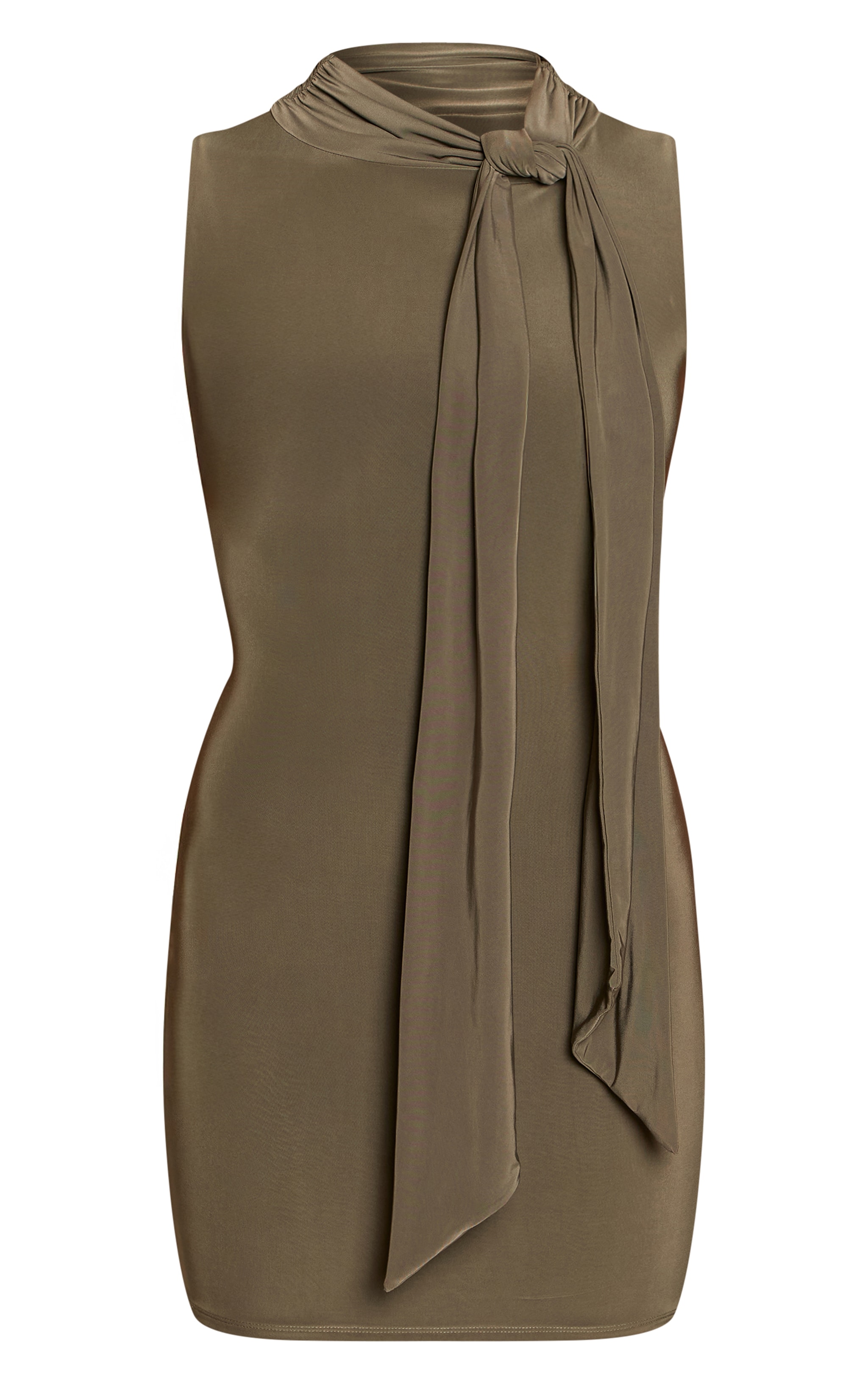 Khaki Double Layer Slinky Sleeveless Knot Drape Mini Dress image 5