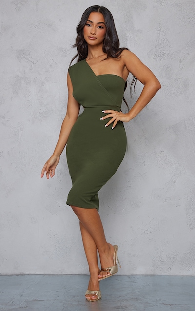 Petite Khaki One Shoulder Drape Midi Dress