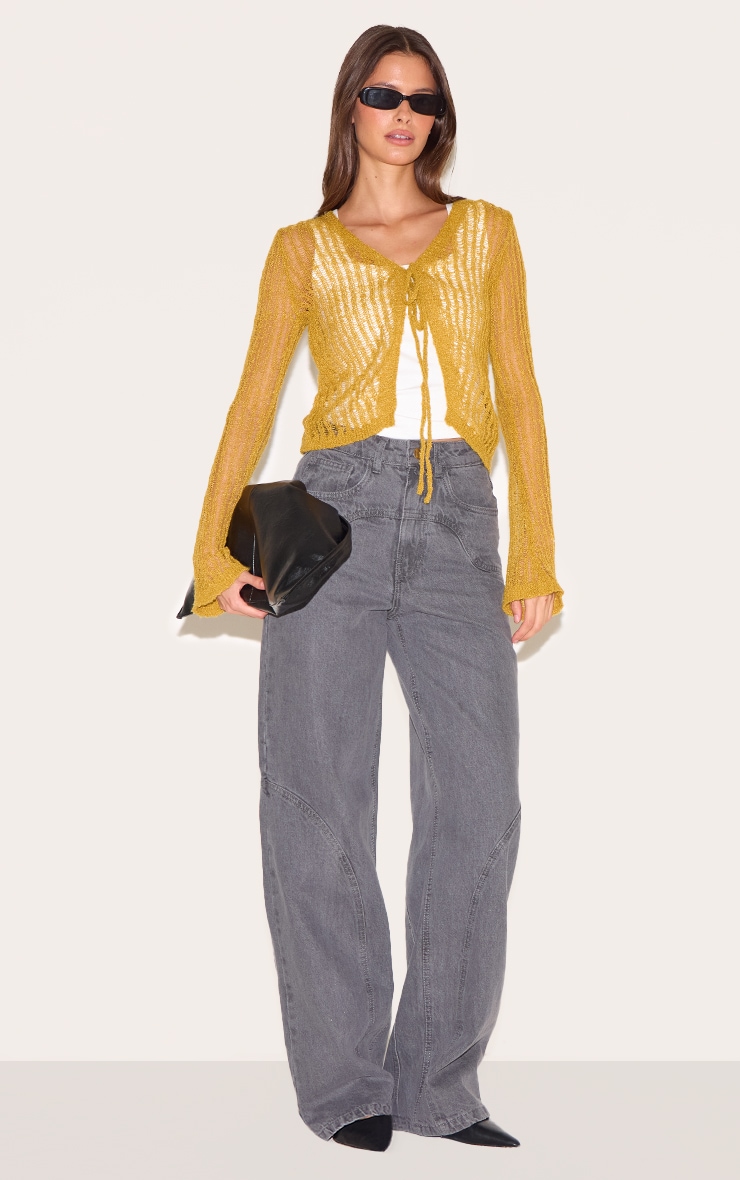 Olive Ladder Knit Sheer Cropped Tie Front Top image 3