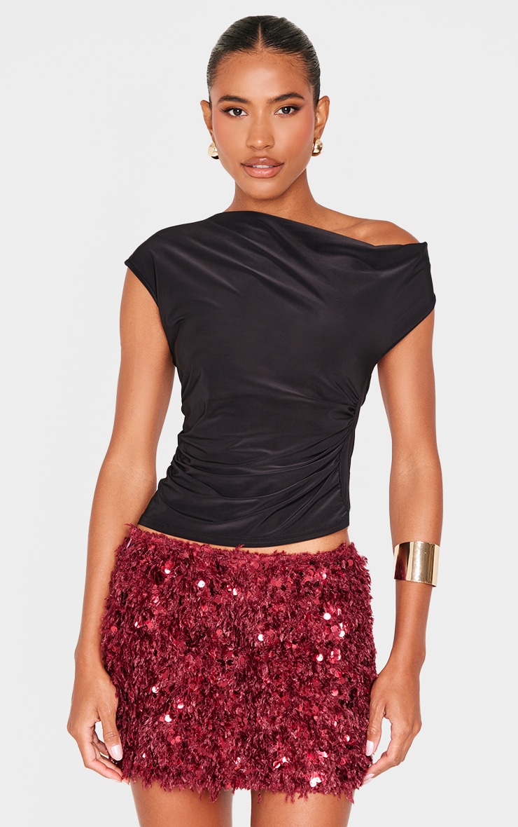 Burgundy Faux Feather Sequin Micro Mini Skirt image 4