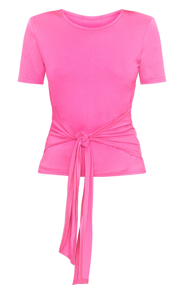 Hot Pink Tie Front T-Shirt | Tops | | PrettyLittleThing USA