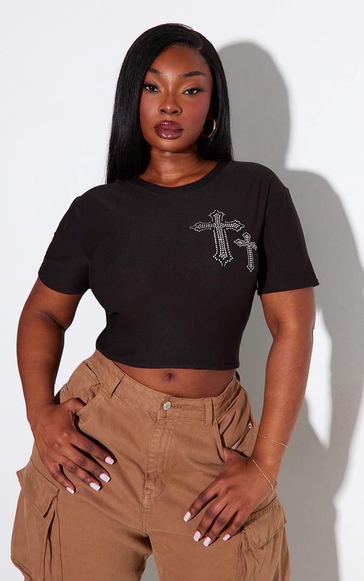 Plus Black Diamante Cross Cropped T-shirt image 1