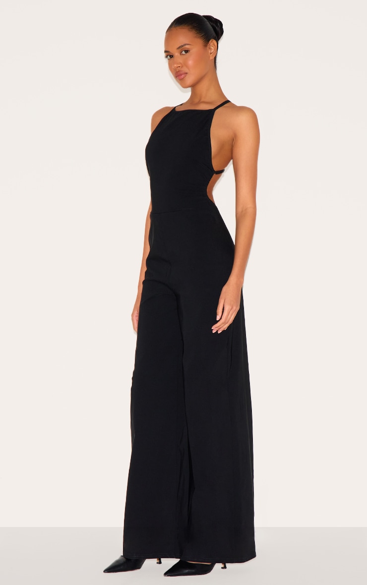 Black Stretch Woven Square Neck Wide Leg Jumpsuit image 3