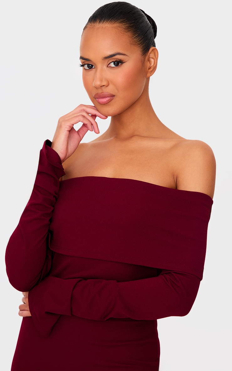 Burgundy Crepe Long Sleeve Bardot Maxi Dress image 4