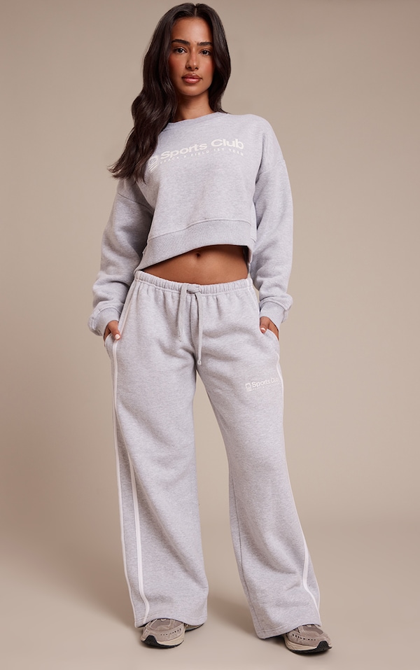 Petite Ash Grey Sports Club Print Wide Leg Sweatpants