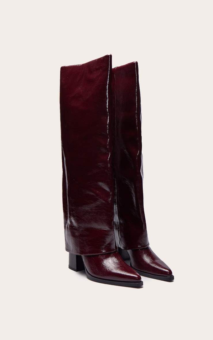 Burgundy Crinkle PU Fold Over Block Heel Boot image 3