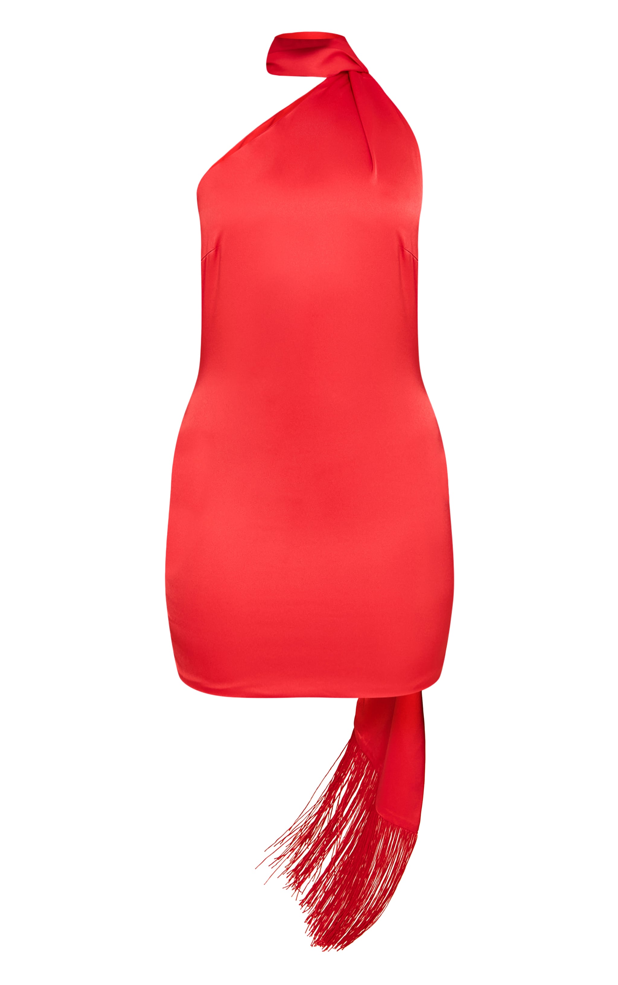 Red Satin Wrap Fringe Detail Mini Dress image 5