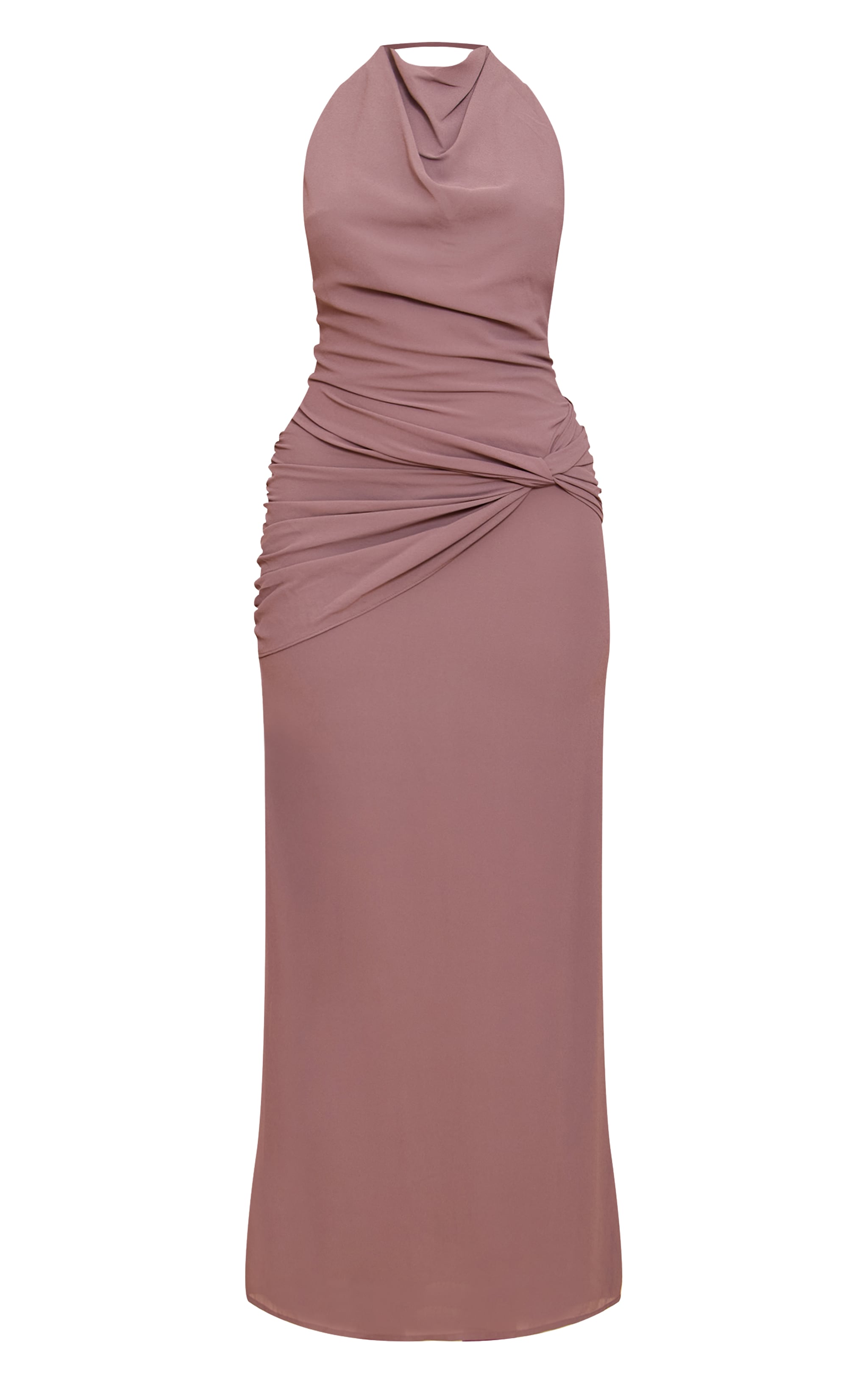 Robe longue en mousseline de soie gris champignon à détail torsadé image 5