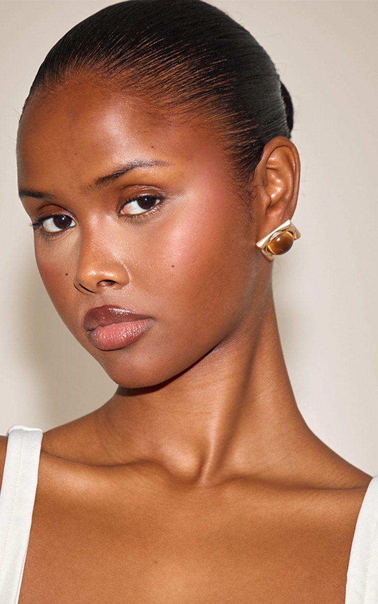Gold Smooth Smokey Brown Resin Square Earrings image 1