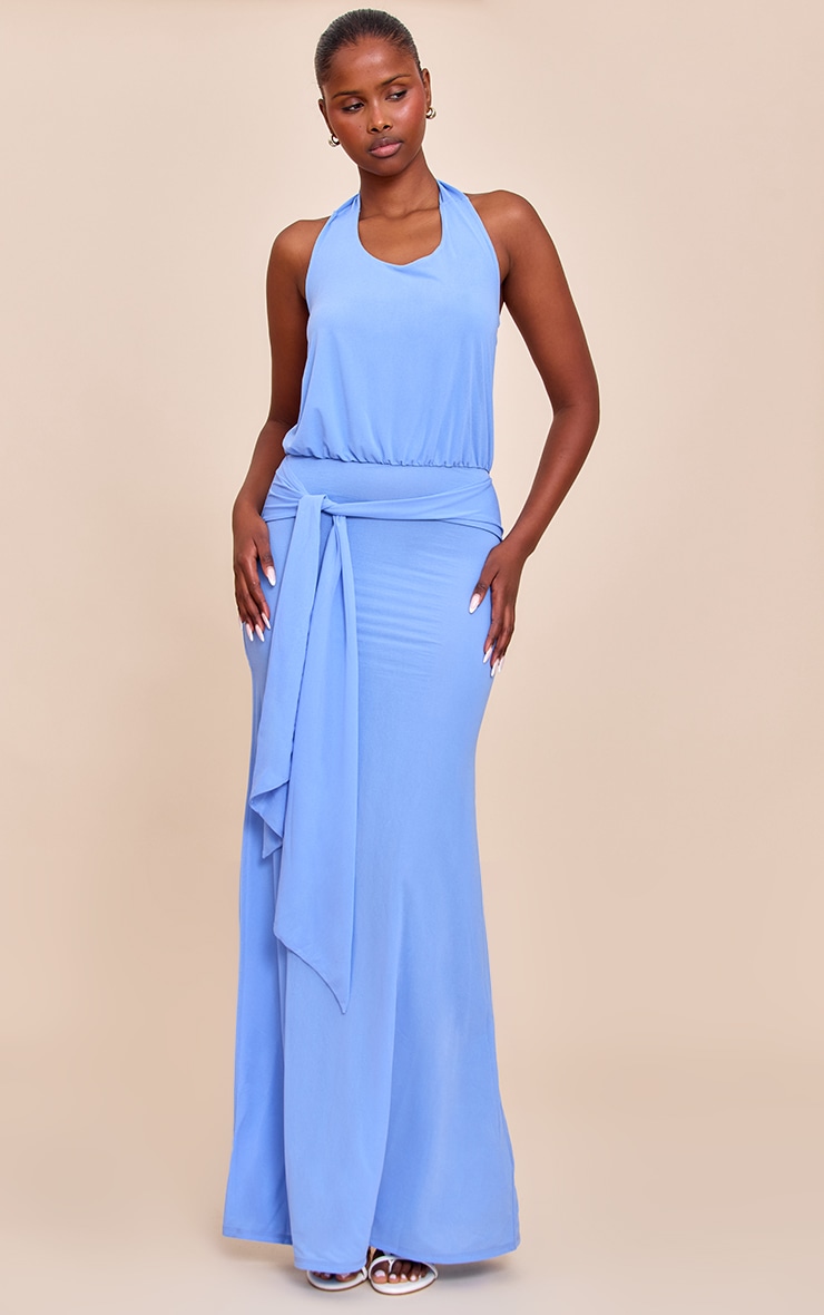 Bright Blue Double Layered Chiffon Halterneck Keyhole Maxi Dress image 1